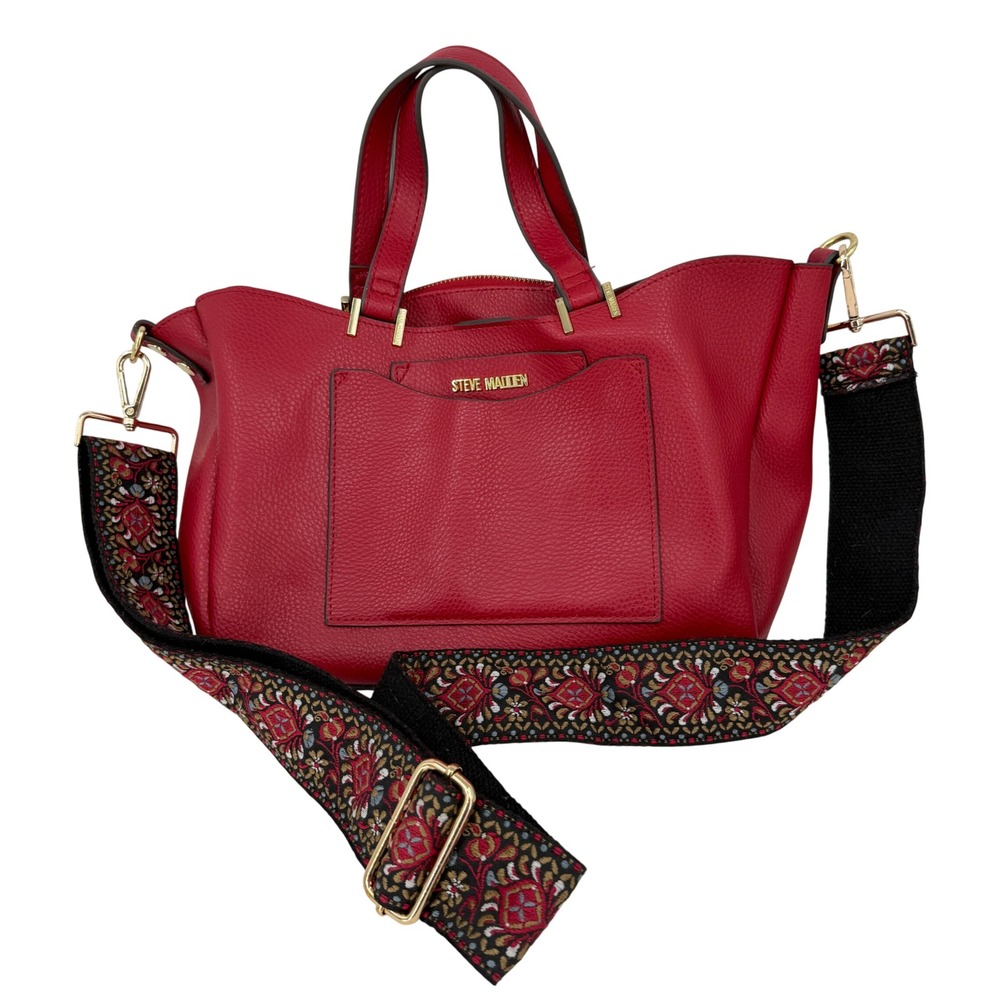 Steve Madden Tote Bag Removeable Pouch Red Faux Leather Crossbody Guitar Strap